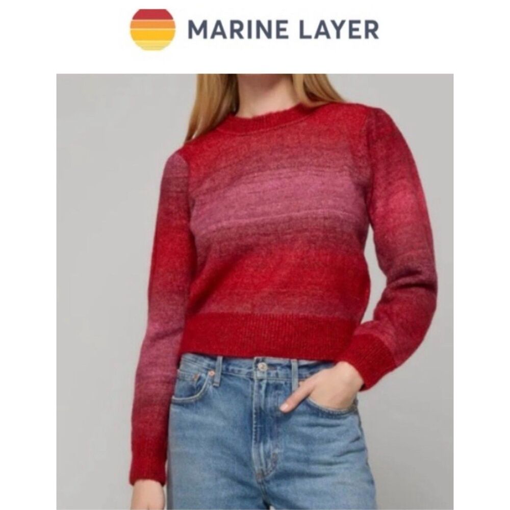 NWT Marine Layer Ayla Puff Sleeve Crewneck Boxy Sweater Red Pink Warm Ombre S